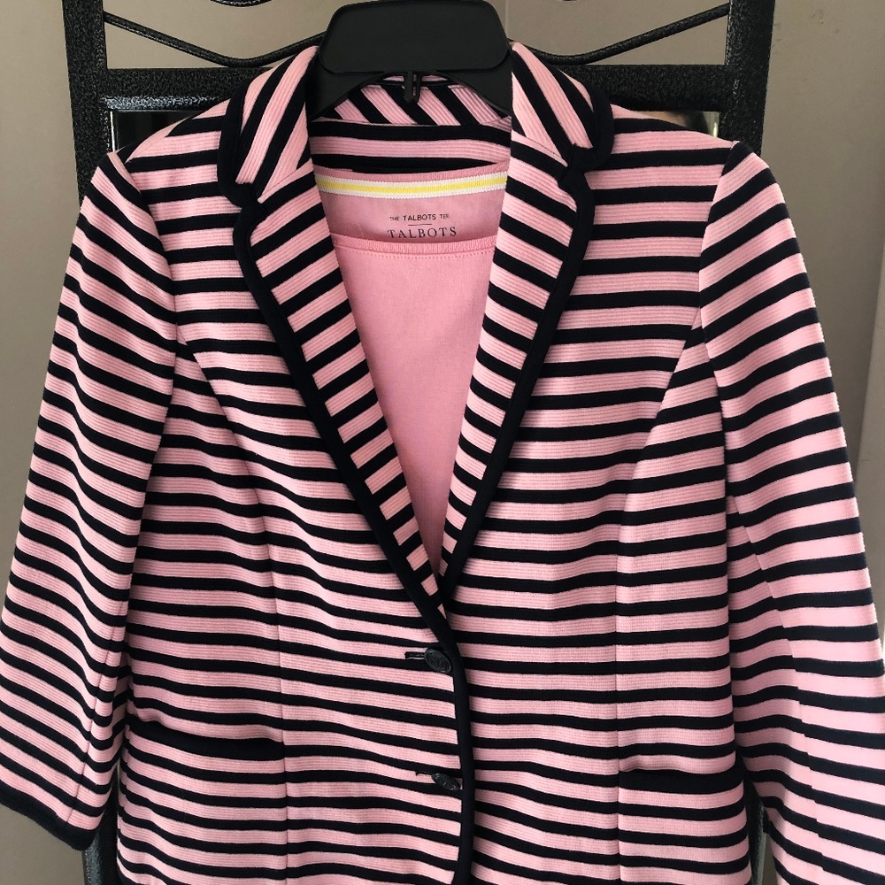 Talbots Petite Small,  Navy and Pink Striped Knit Blazer